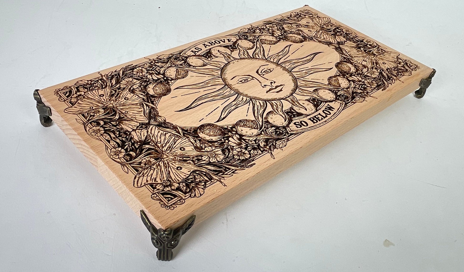 As Above So Below sun altar table engraved on solid wood handmade Netherlands ships to USA

