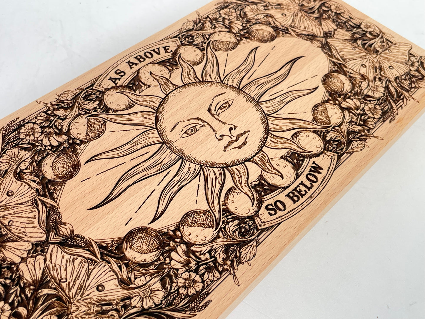 “As Above, So Below” Sun Altar Table – Engraved Wooden Ritual Board & Crystal Holder