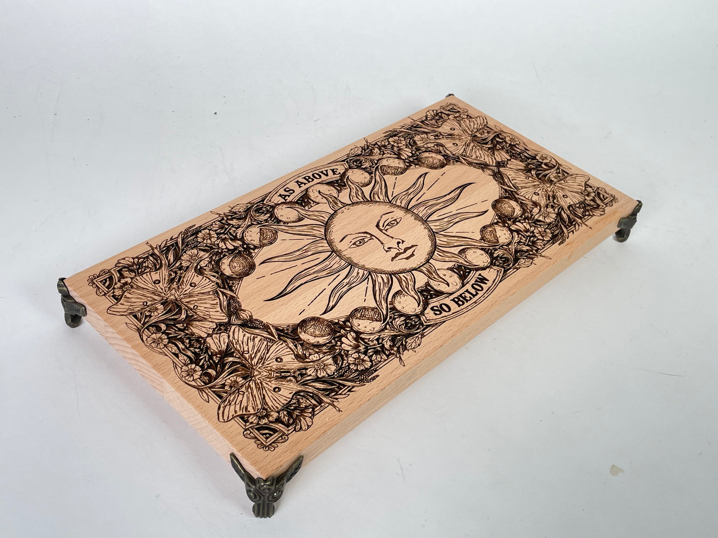 “As Above, So Below” Sun Altar Table – Engraved Wooden Ritual Board & Crystal Holder