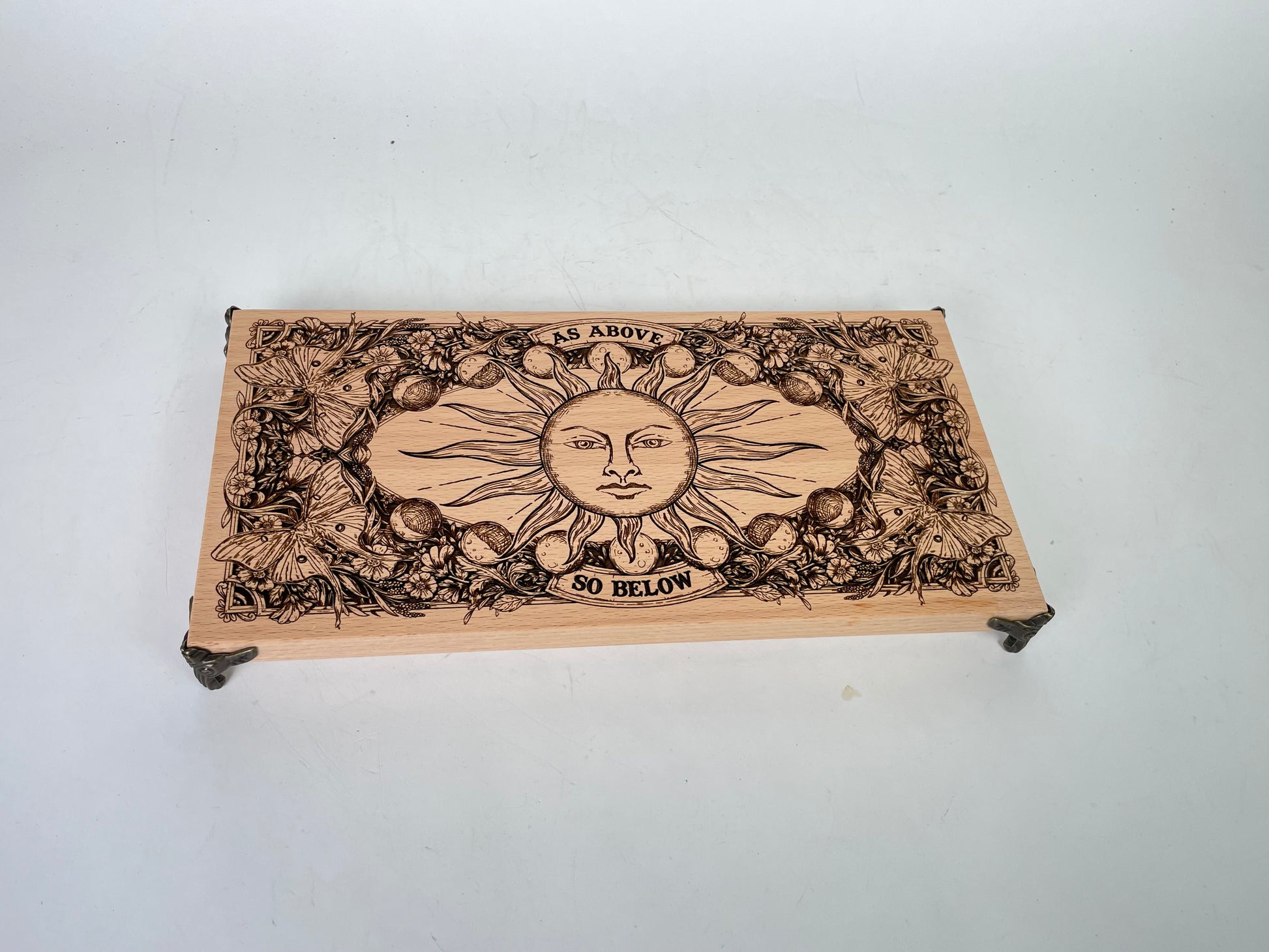 Sacred altar table surface with Hermetic inscription for witchcraft and Wiccan practice
