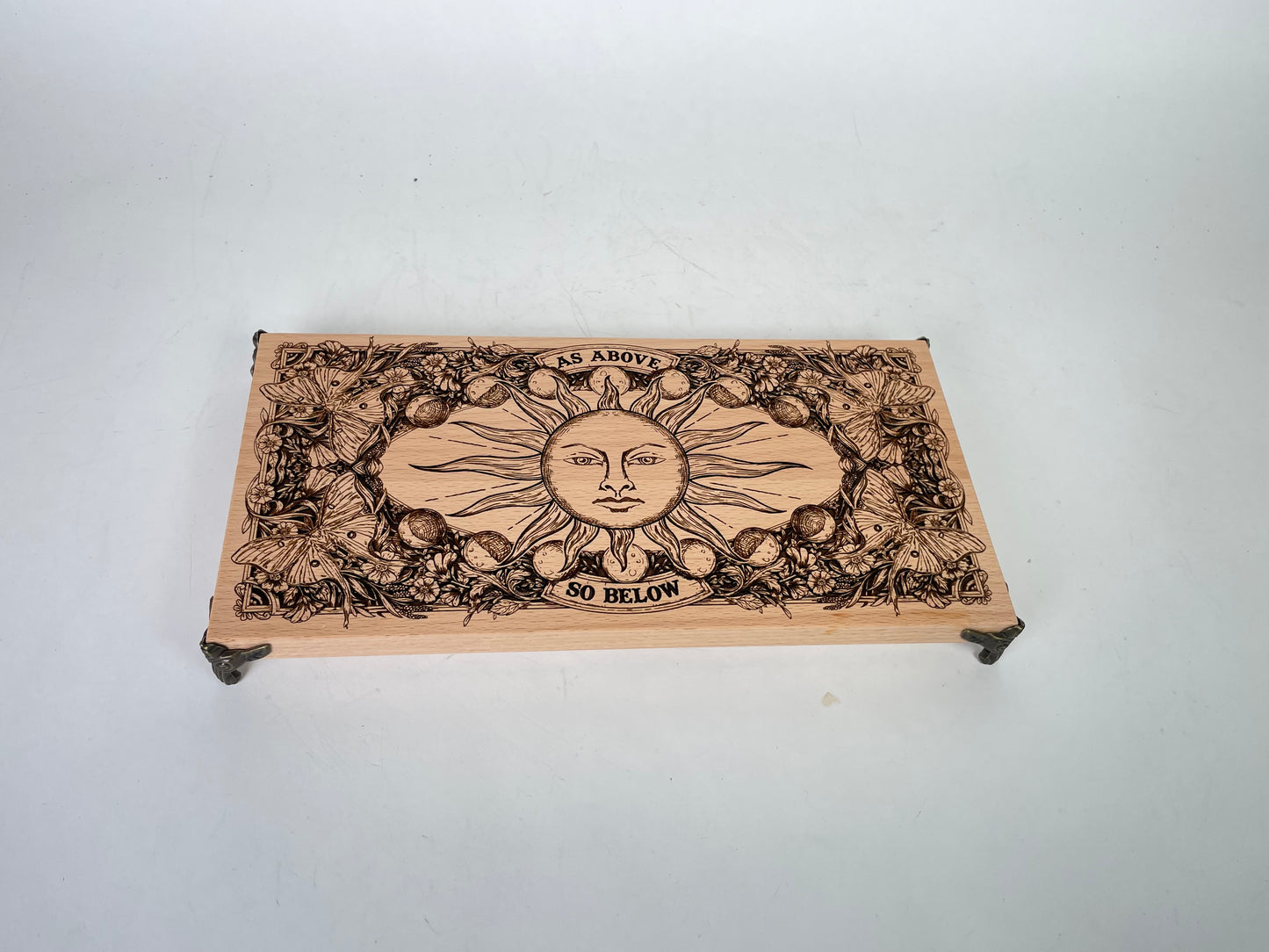 “As Above, So Below” Sun Altar Table – Engraved Wooden Ritual Board & Crystal Holder