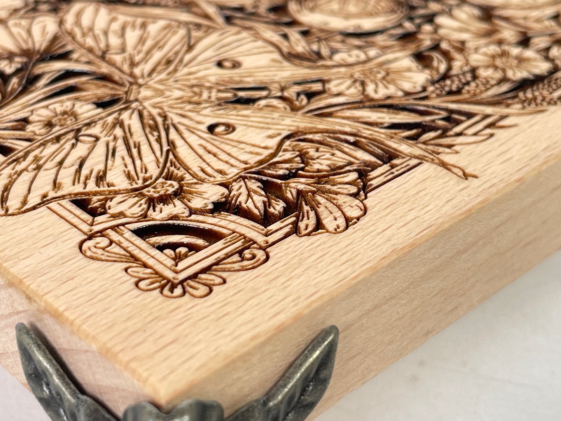 Close up of Celtic pentagram engraving on beech wood  ritual altar table
