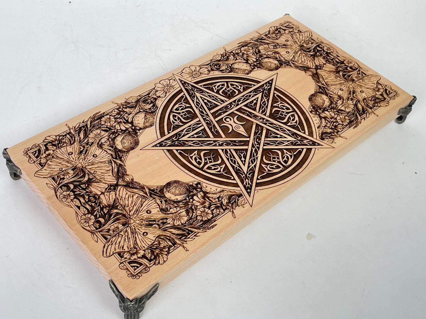 Witches Altar Table – Engraved Wooden Ritual Altar Board with Celtic Pentagram