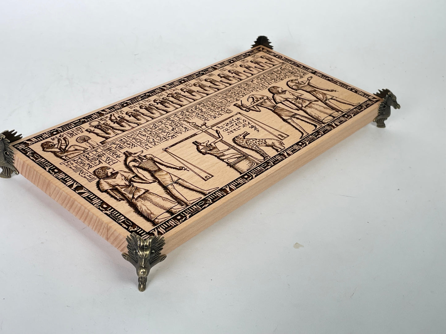 Solid wood ritual altar table with ancient Egyptian ceremonial engraving
