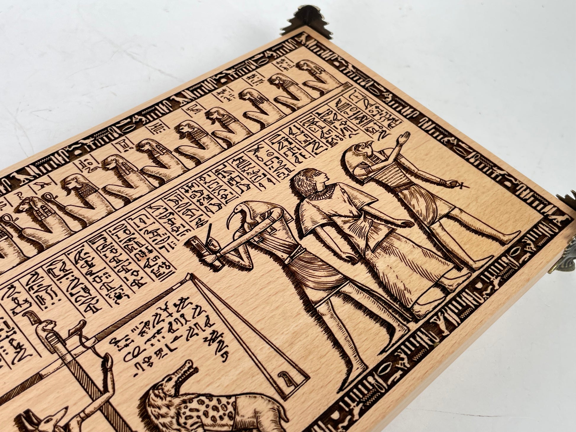 Book of the Dead altar décor with Weighing of the Heart engraved ritual table
