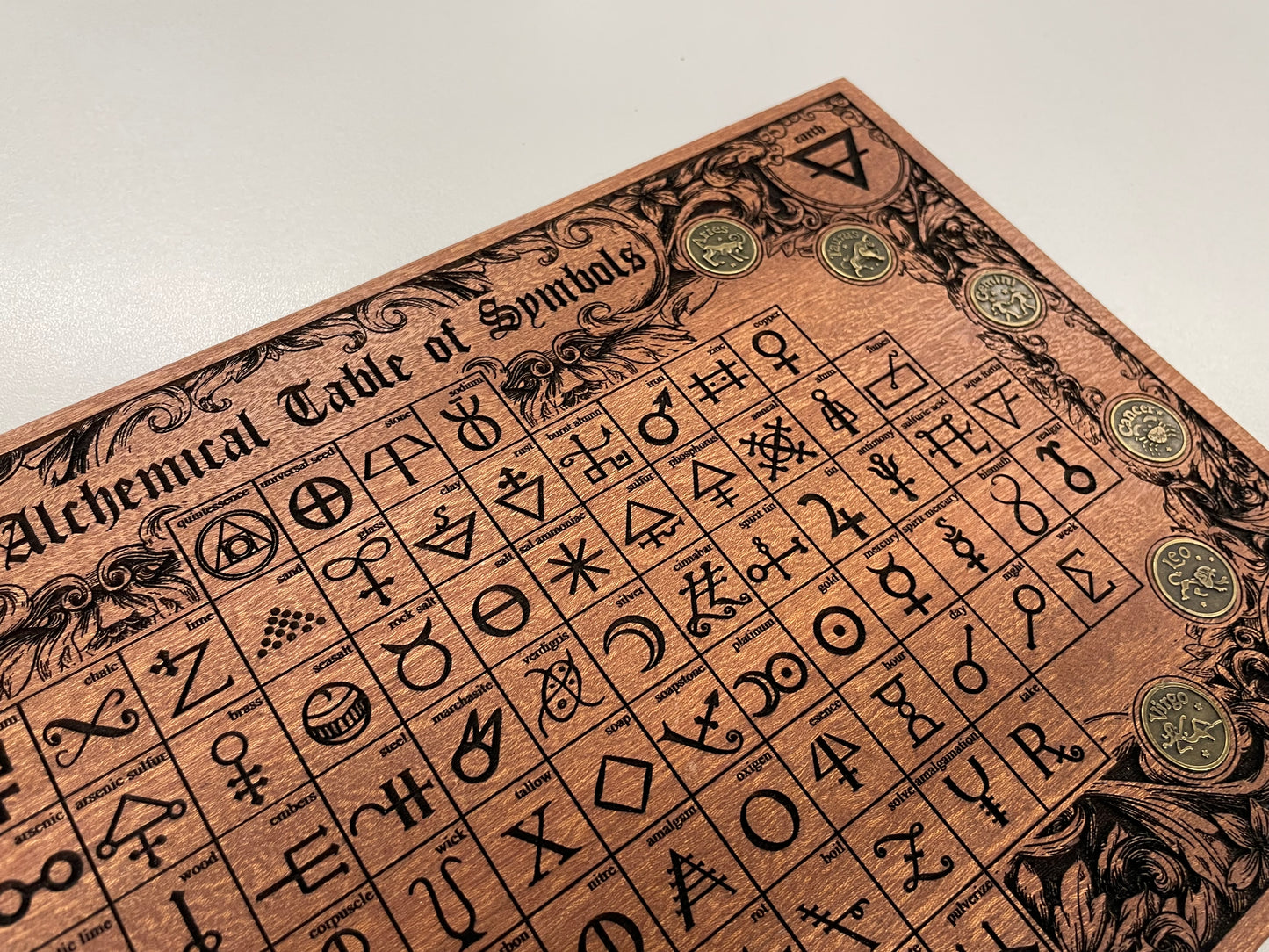 Alchemy Table of Elements – Mahogany Wood Engraved Alchemical Symbols with Zodiac Coins