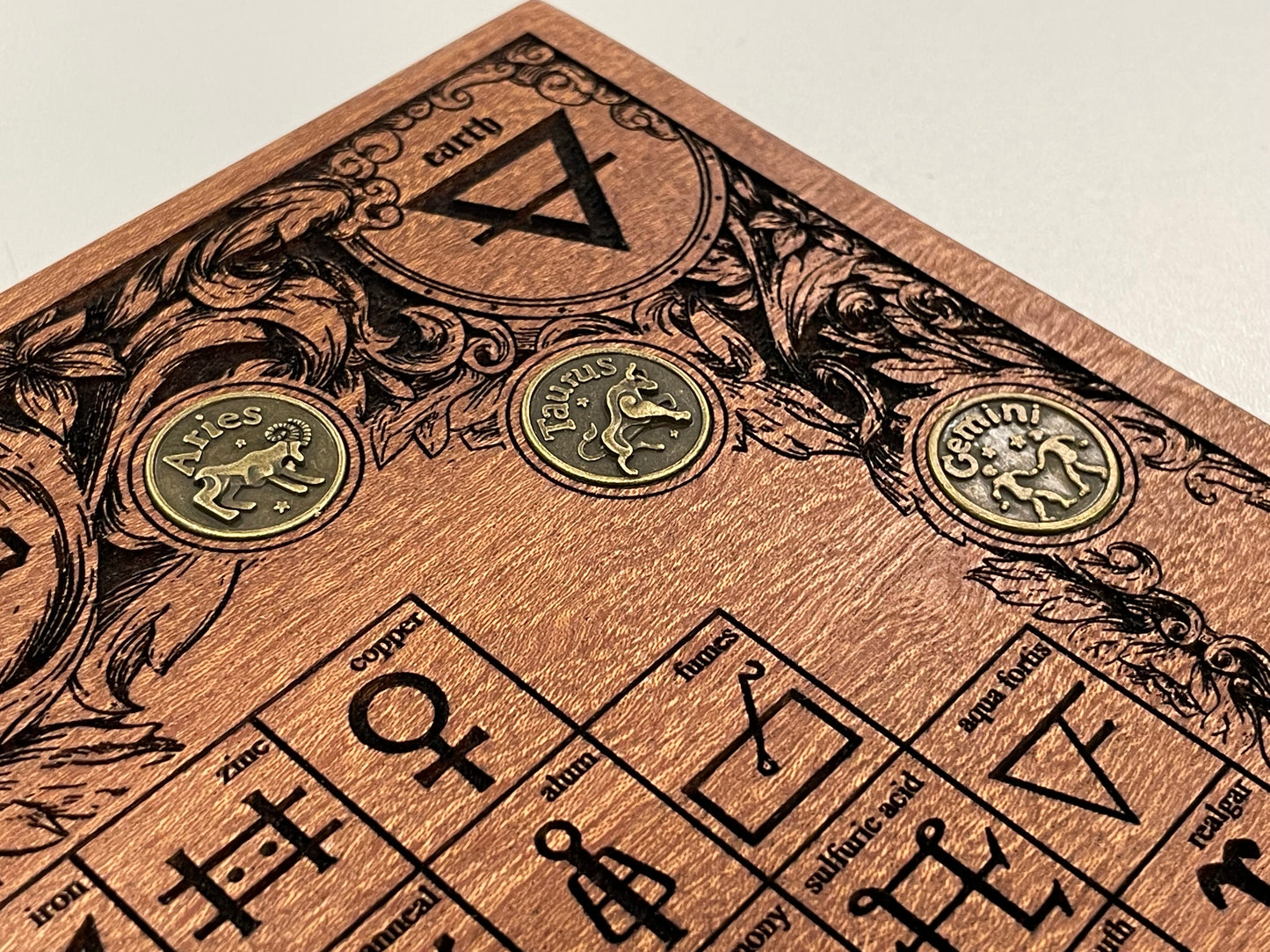 Alchemy Table of Elements – Mahogany Wood Engraved Alchemical Symbols with Zodiac Coins