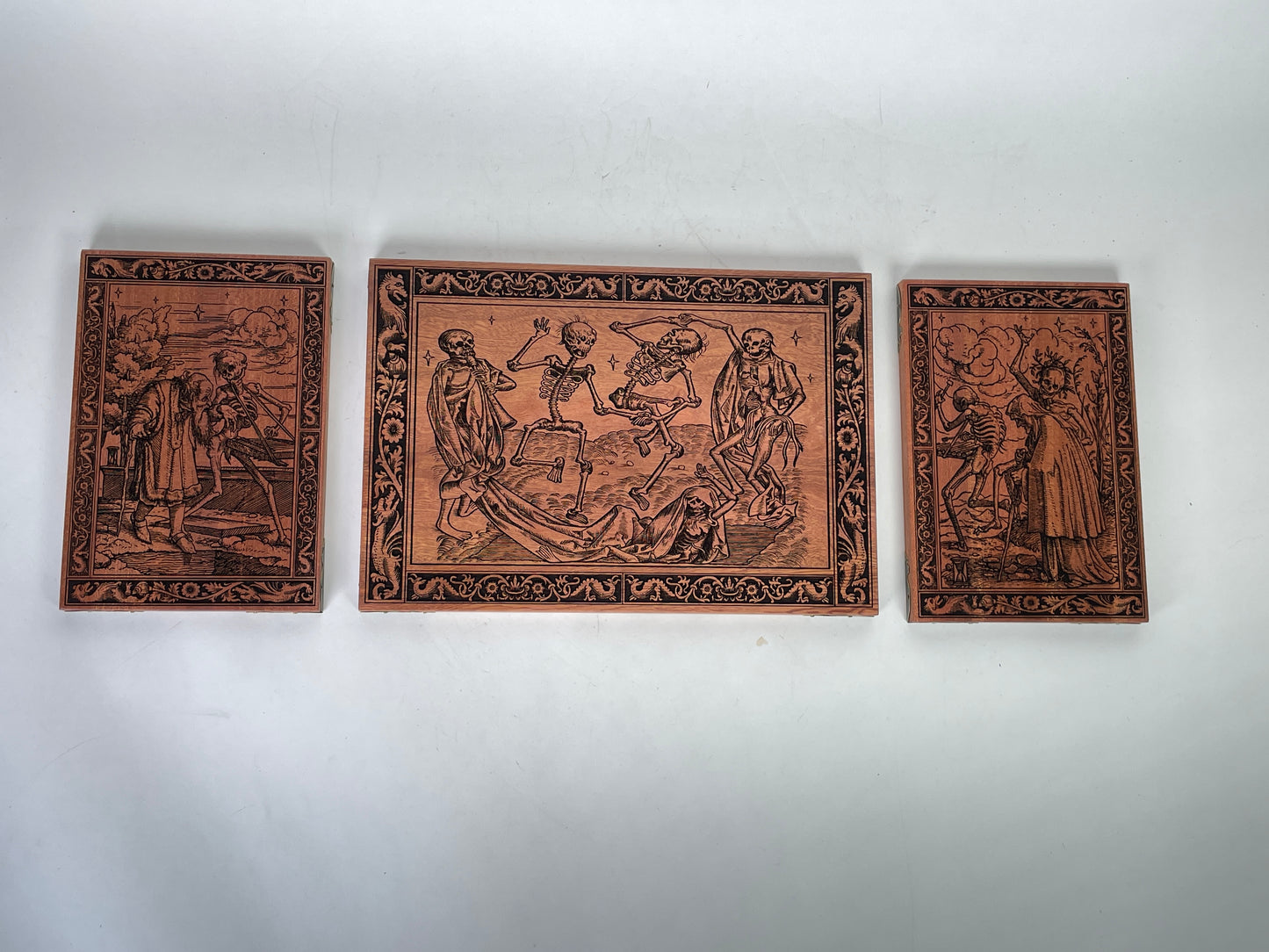 Danse Macabre Mahogany Wall Art – Medieval Dance of Death Triptych Engraved Wood Decor