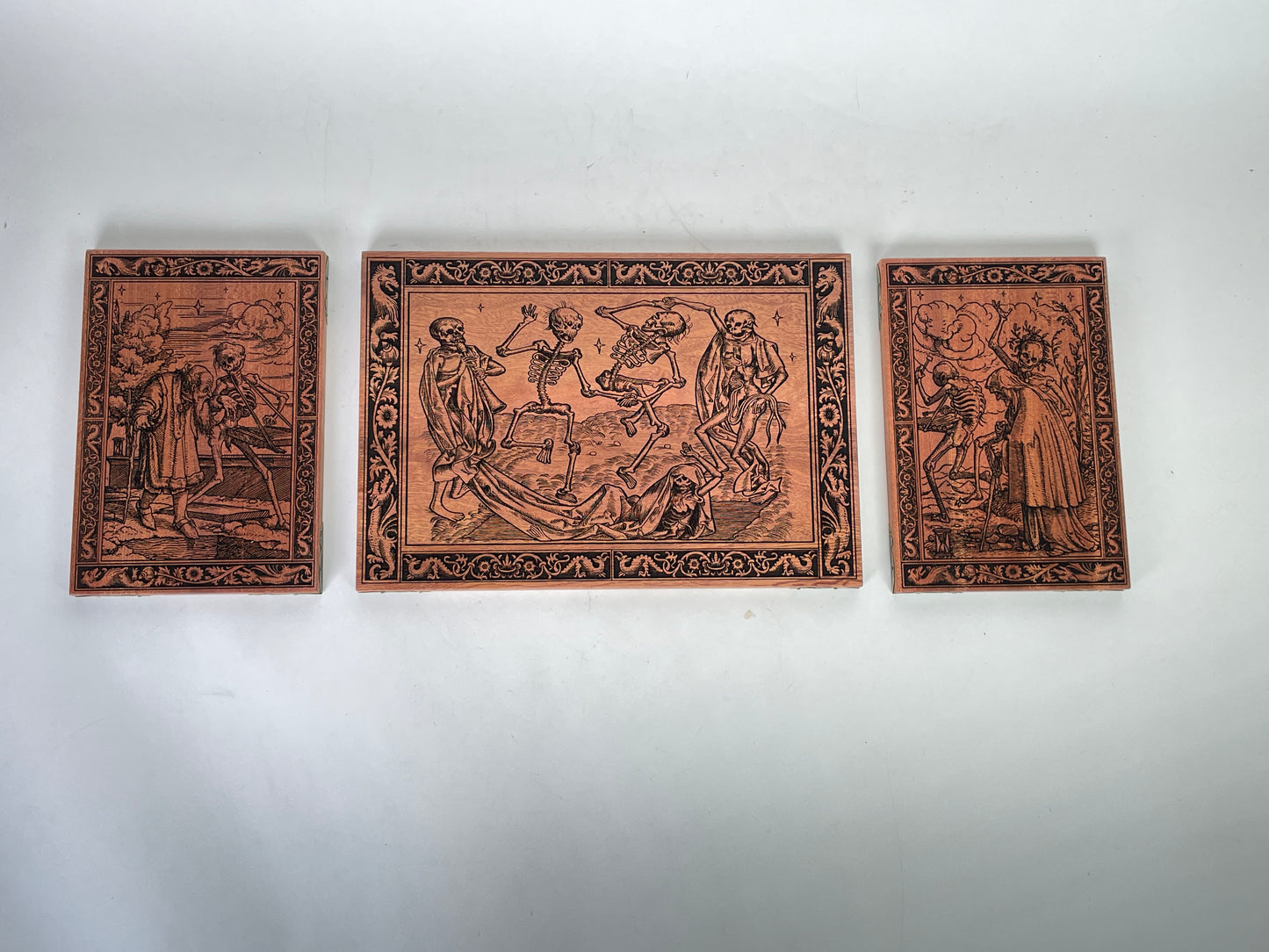 Danse Macabre Mahogany Wall Art – Medieval Dance of Death Triptych Engraved Wood Decor