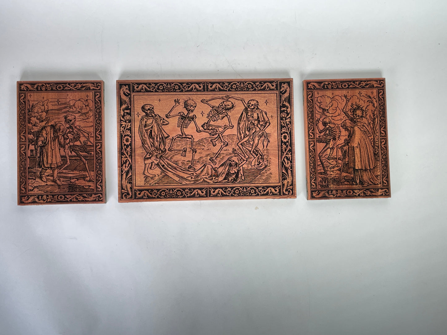 Danse Macabre Mahogany Wall Art – Medieval Dance of Death Triptych Engraved Wood Decor