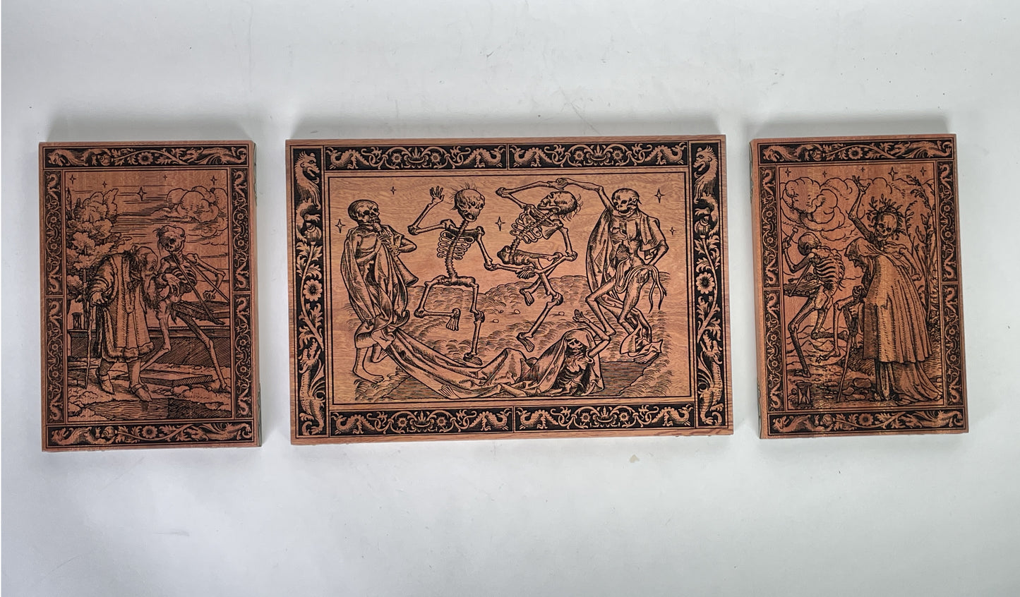 Danse Macabre Mahogany Wall Art – Medieval Dance of Death Triptych Engraved Wood Decor