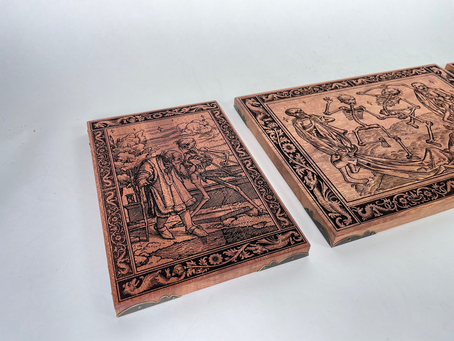 Danse Macabre Mahogany Wall Art – Medieval Dance of Death Triptych Engraved Wood Decor