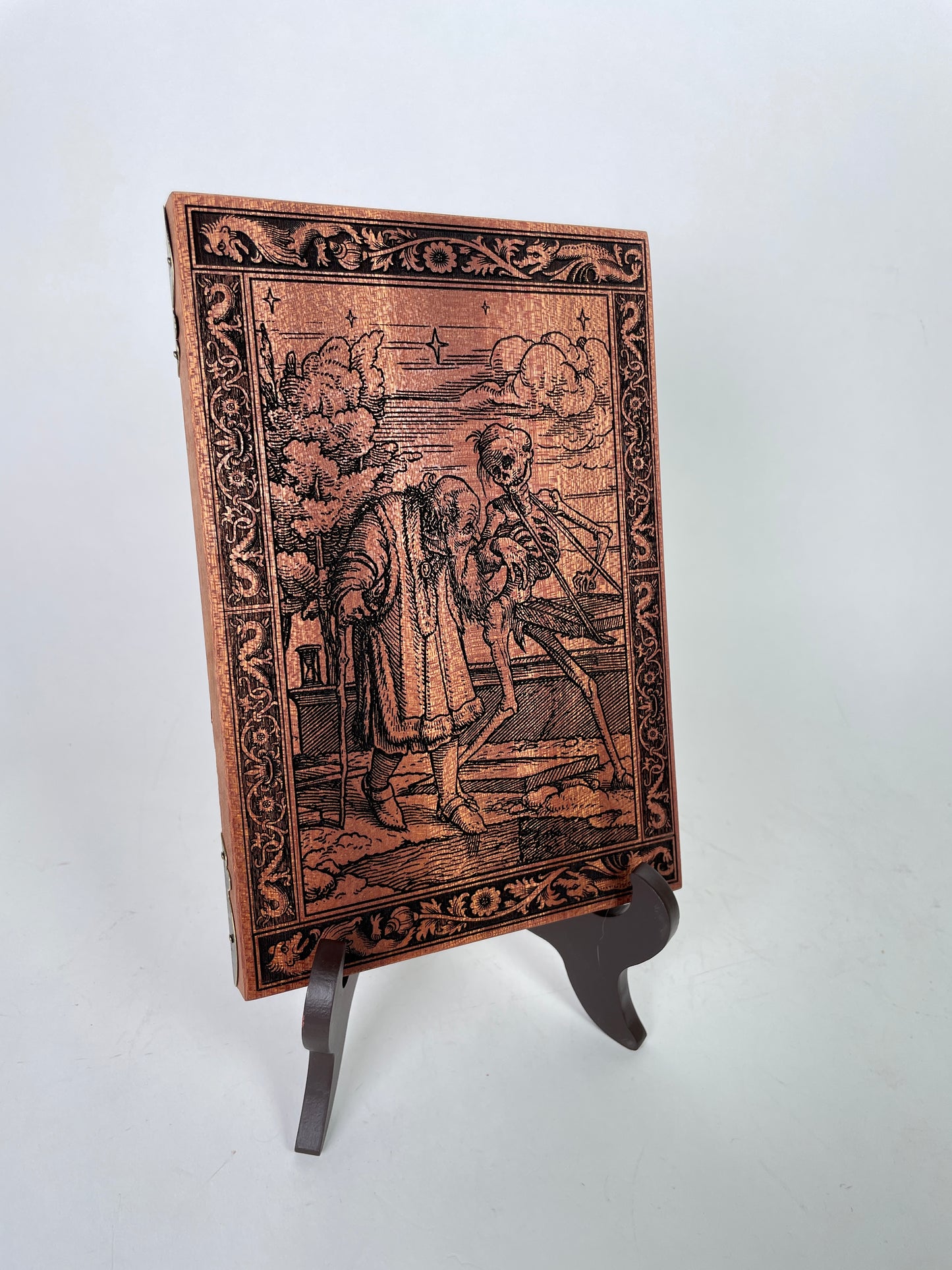 Danse Macabre Mahogany Wall Art – Medieval Dance of Death Triptych Engraved Wood Decor