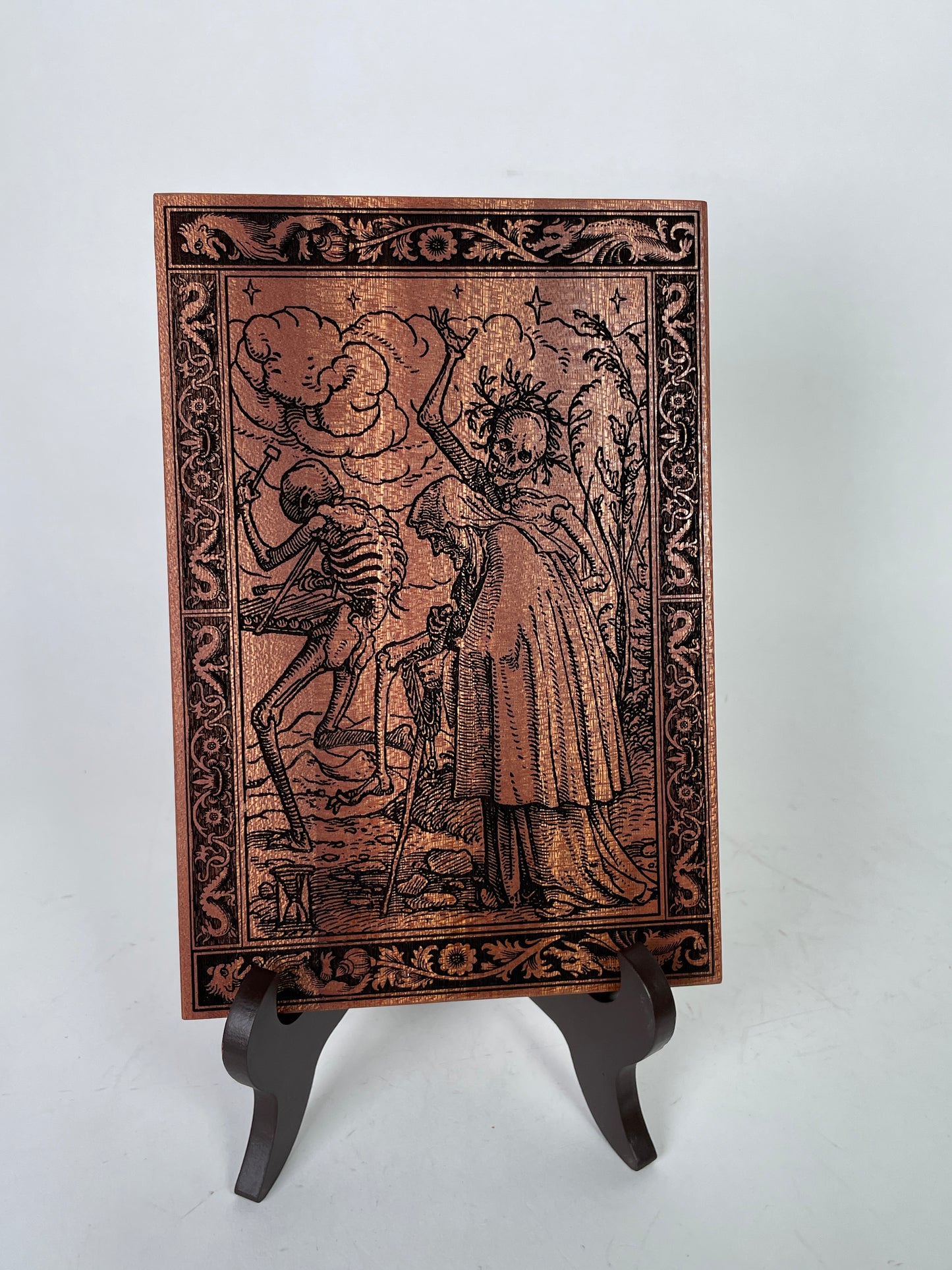 Danse Macabre Mahogany Wall Art – Medieval Dance of Death Triptych Engraved Wood Decor