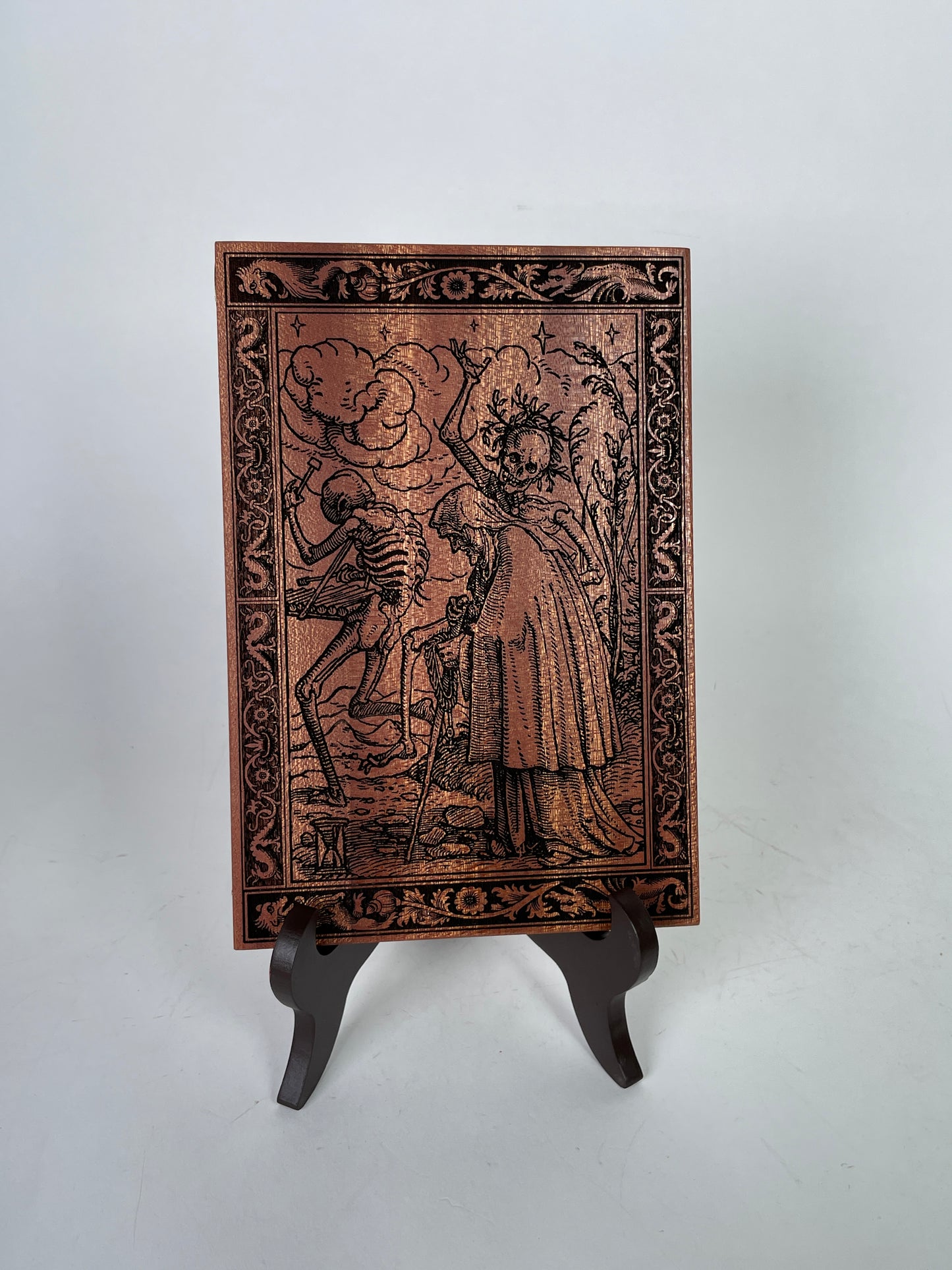 Danse Macabre Mahogany Wall Art – Medieval Dance of Death Triptych Engraved Wood Decor
