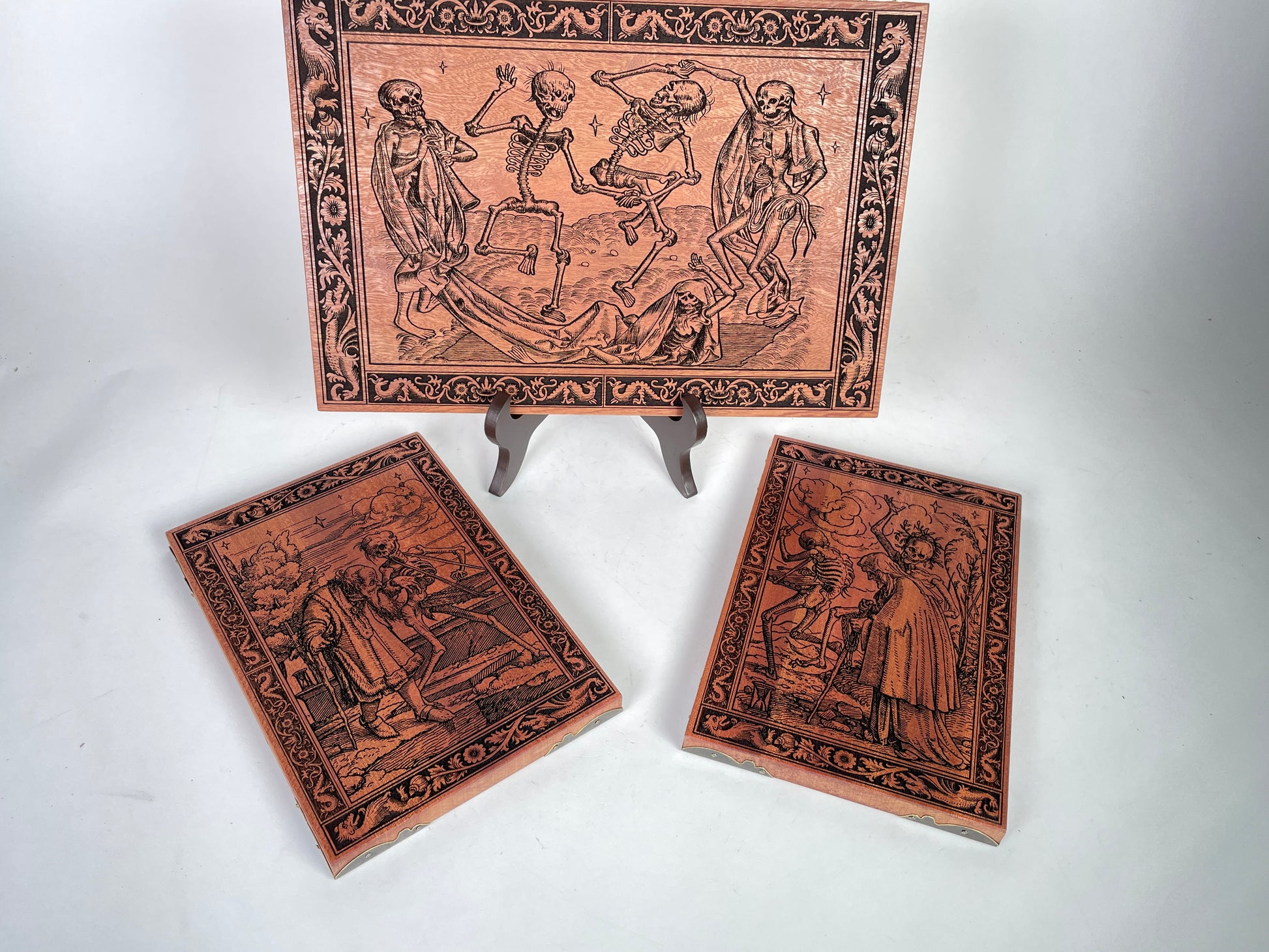 Three panel Danse Macabre medieval engraving wall art set for indoor display
