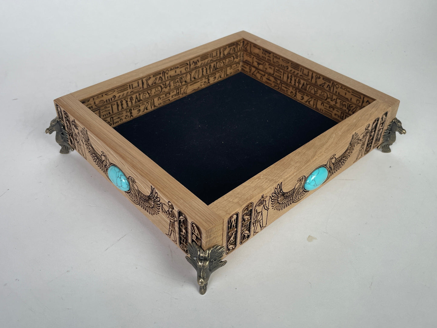 Egyptian hieroglyph solid oak valet tray engraved with ancient symbols handmade Netherlands ships to USA
