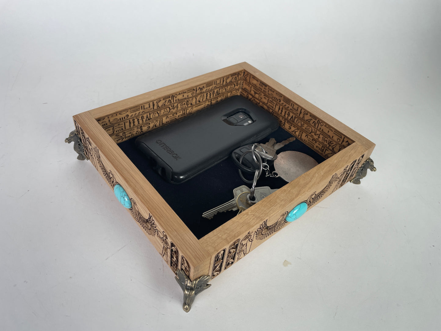 Egyptian hieroglyphs solid oak valet tray engraved with ancient symbols handmade Netherlands ships to USA
