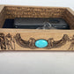 Egyptian themed oak valet tray used as altar decor and organizer
