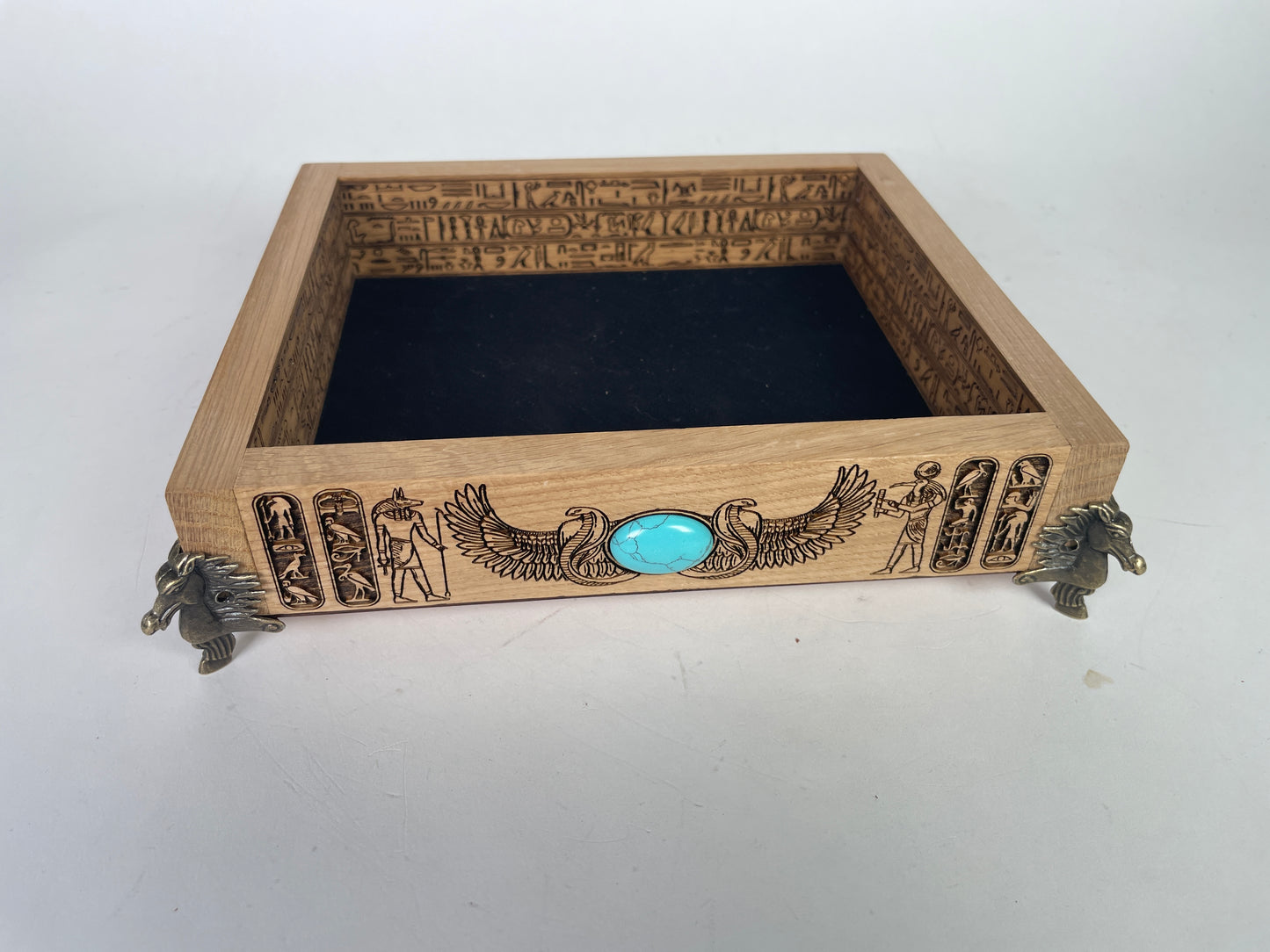 Egyptian Hieroglyph Solid Oak Valet Tray – Tarot & Altar Decor Handmade Gift