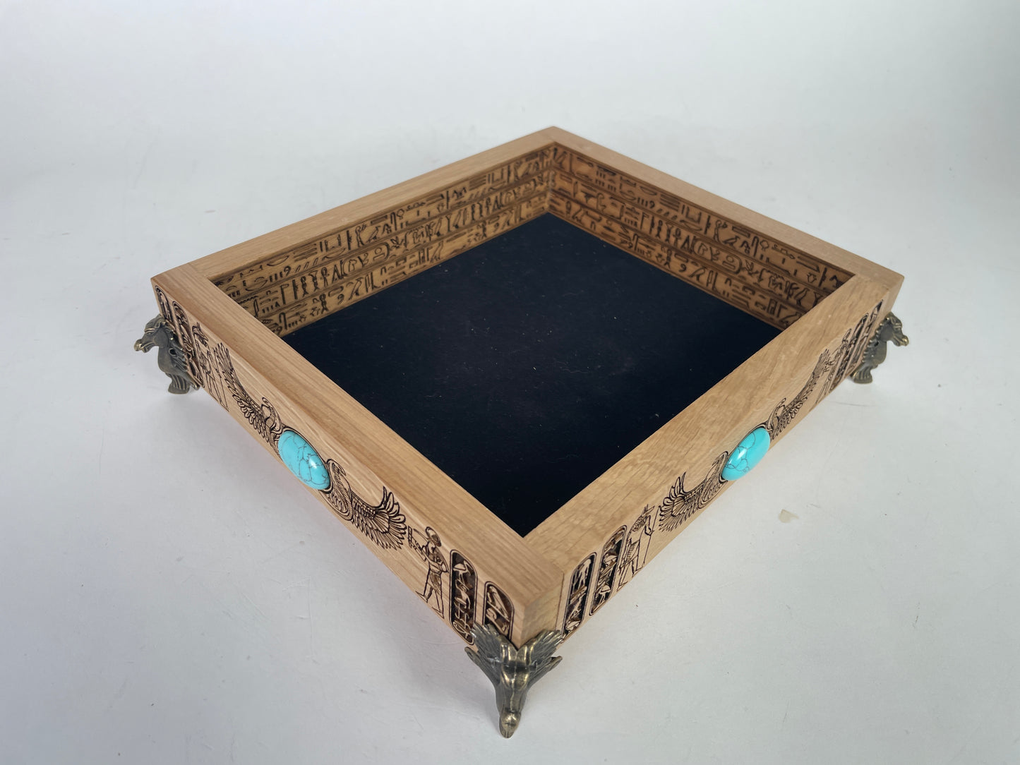 Egyptian Hieroglyph Solid Oak Valet Tray – Tarot & Altar Decor Handmade Gift