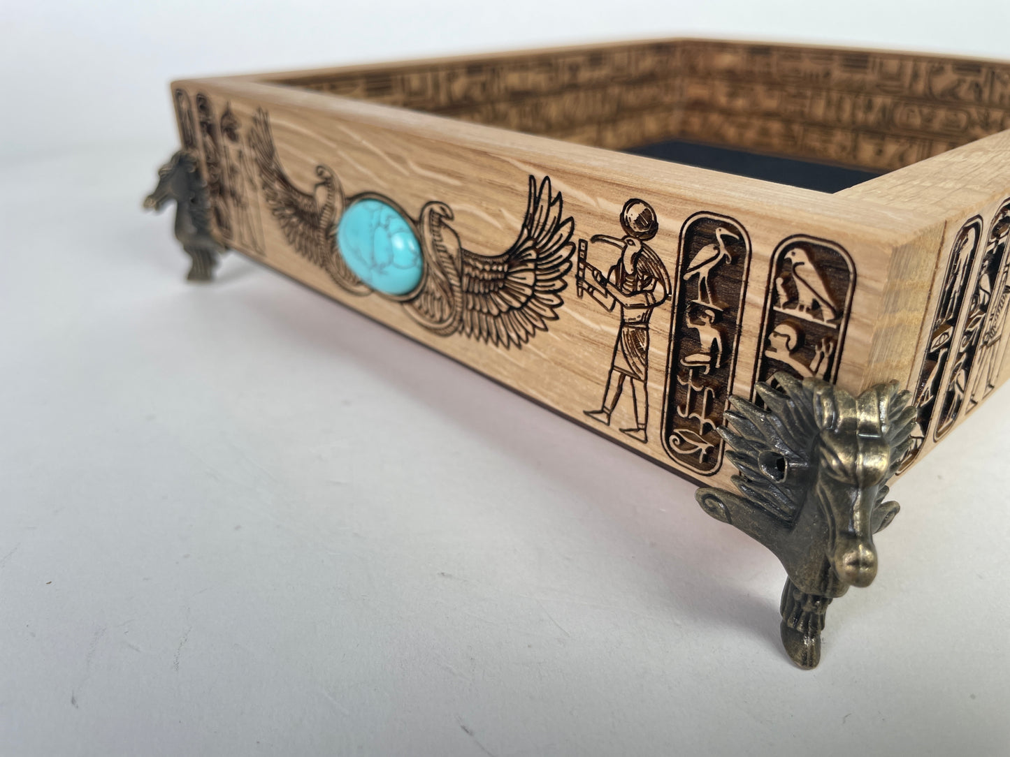 Egyptian Hieroglyph Solid Oak Valet Tray – Tarot & Altar Decor Handmade Gift