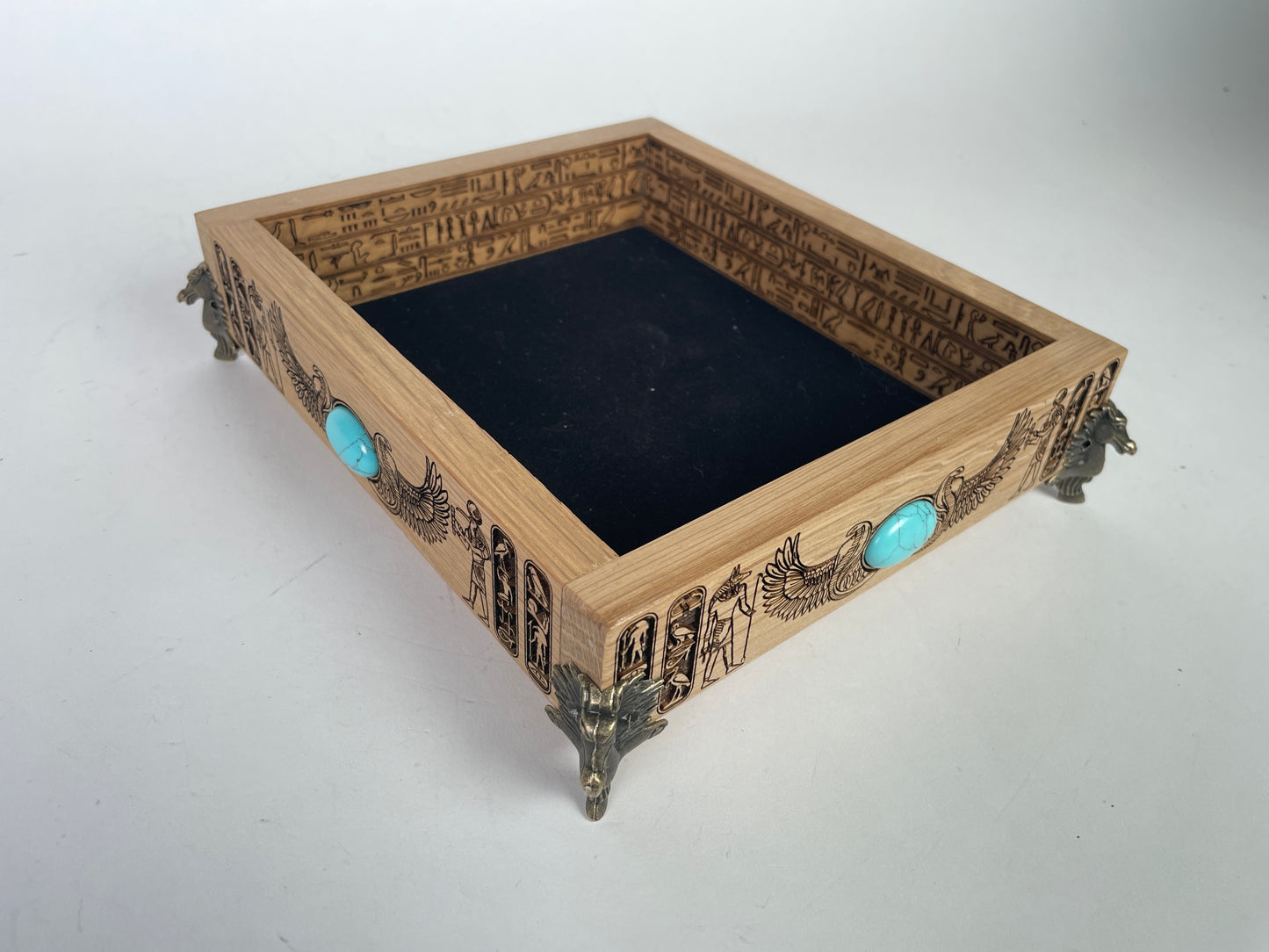 Egyptian Hieroglyph Solid Oak Valet Tray – Tarot & Altar Decor Handmade Gift