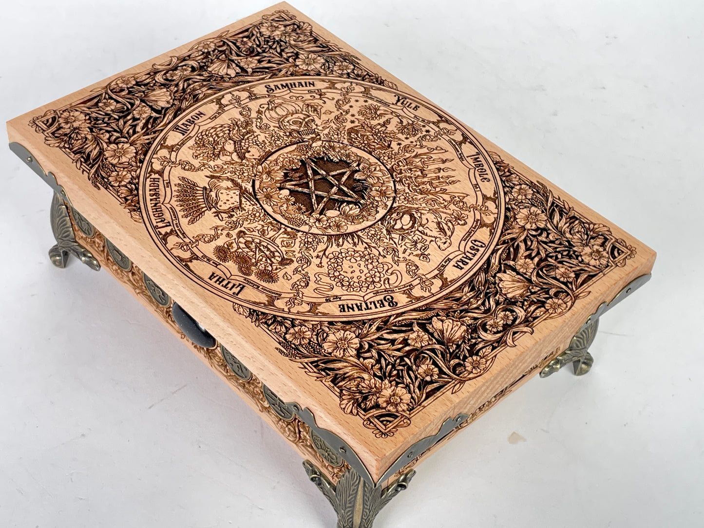 Wheel of the Year Wooden Box – Wiccan Altar Decor & Pagan Gift for Spiritual Home , small altar table with storage organizer, pagan decor