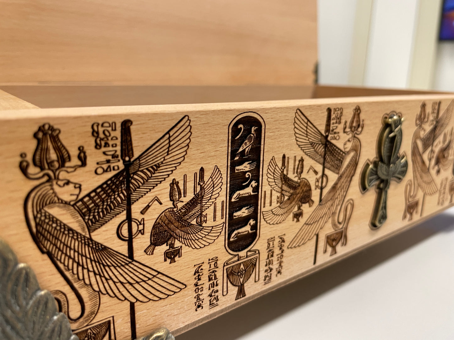 Egyptian Tarot Box – Wooden Deck Holder Engraved with Book of the Dead & Anubis Symbolism