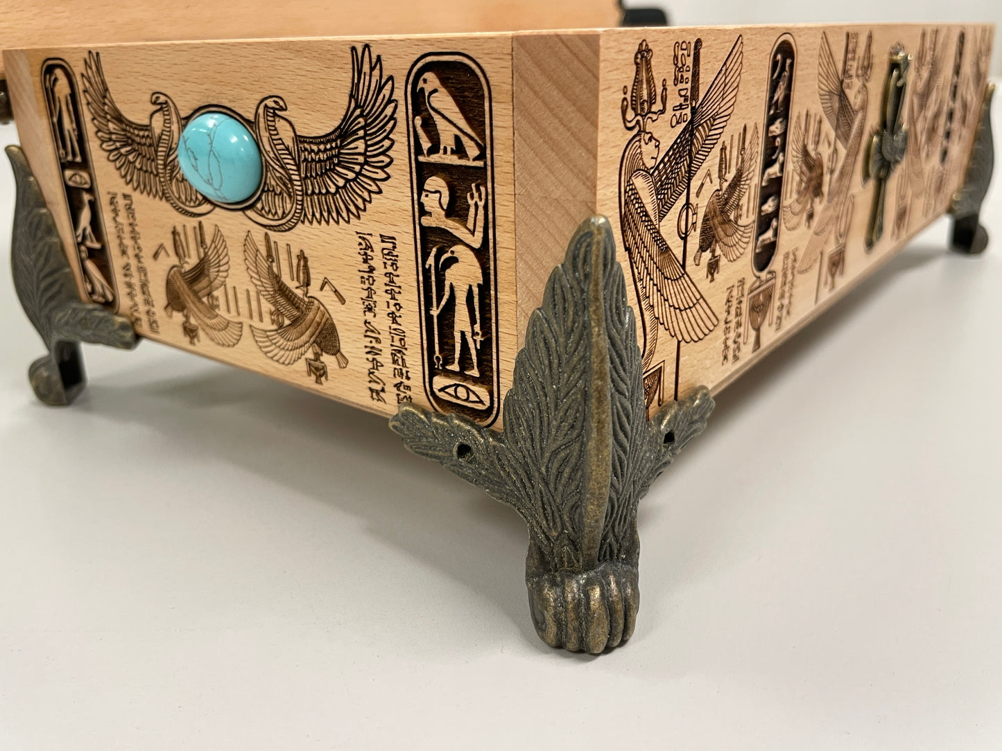 Egyptian Tarot Box – Wooden Deck Holder Engraved with Book of the Dead & Anubis Symbolism