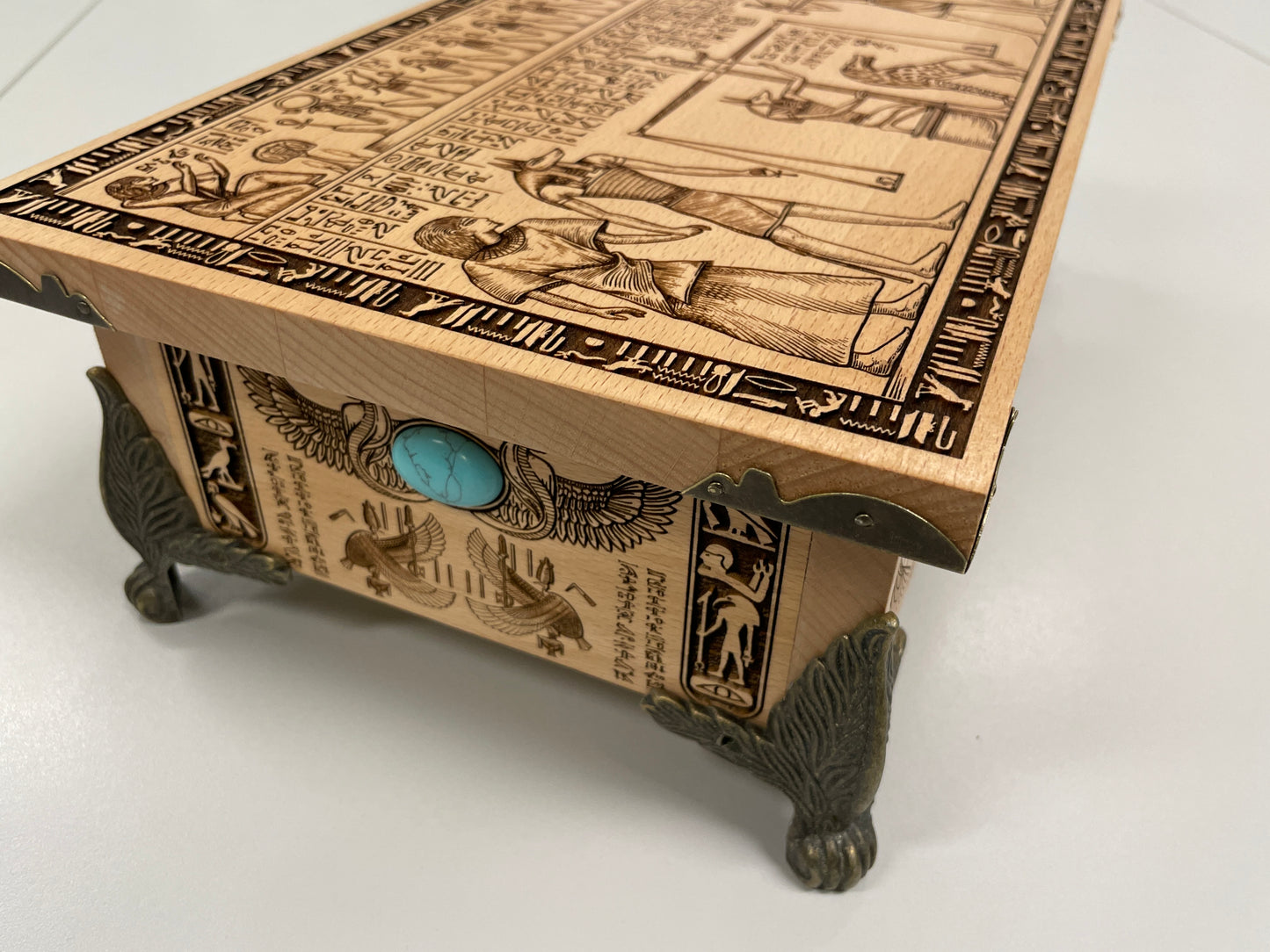 Egyptian Tarot Box – Wooden Deck Holder Engraved with Book of the Dead & Anubis Symbolism