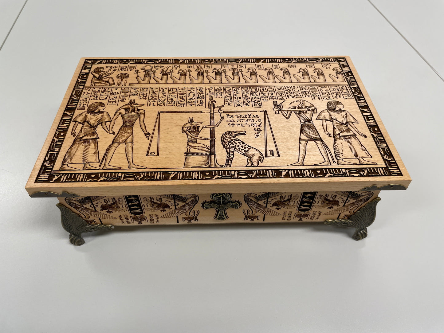 Egyptian Tarot Box – Wooden Deck Holder Engraved with Book of the Dead & Anubis Symbolism