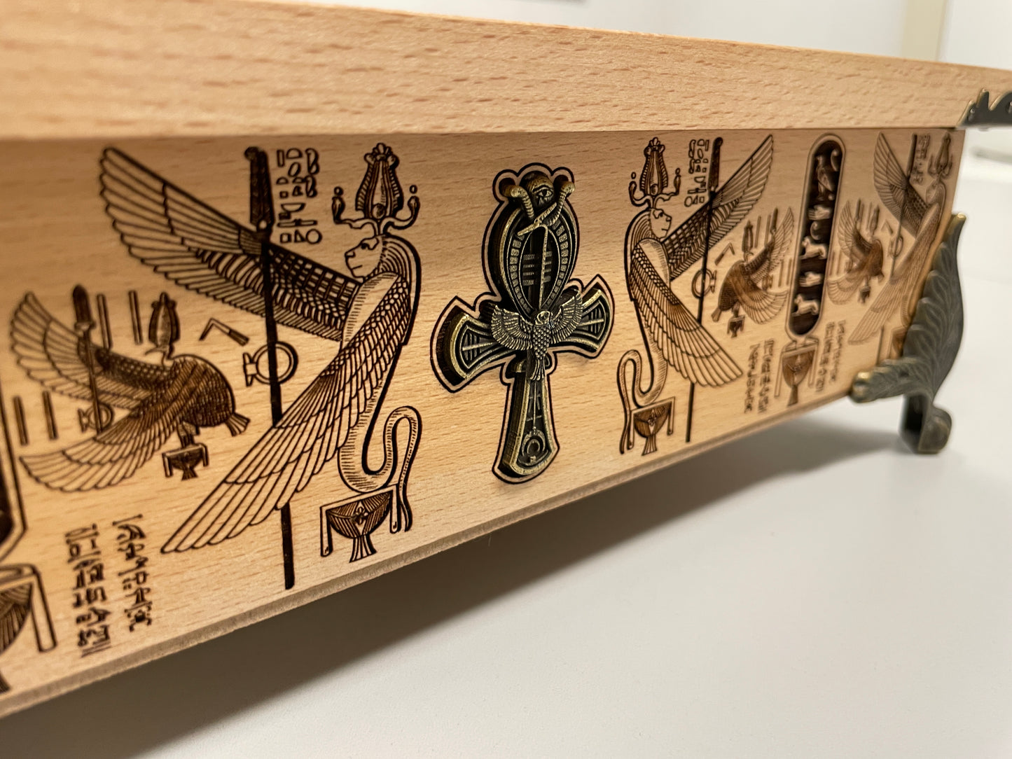 Egyptian Tarot Box – Wooden Deck Holder Engraved with Book of the Dead & Anubis Symbolism