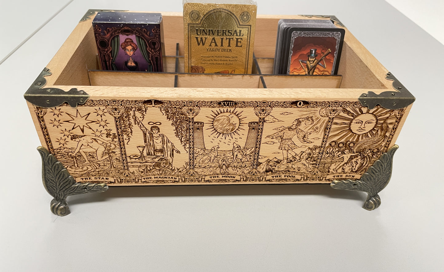 Tarot & Oracle Deck Organizer – 12-Slot Solid Wood Multiple Deck Storage Box with Major Arcana Engraving