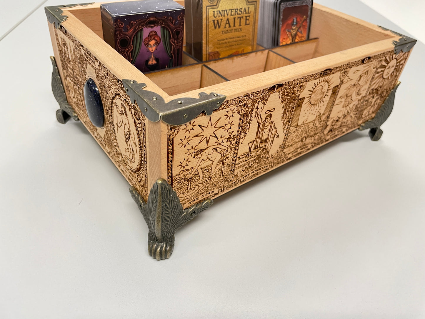 Tarot & Oracle Deck Organizer – 12-Slot Solid Wood Multiple Deck Storage Box with Major Arcana Engraving