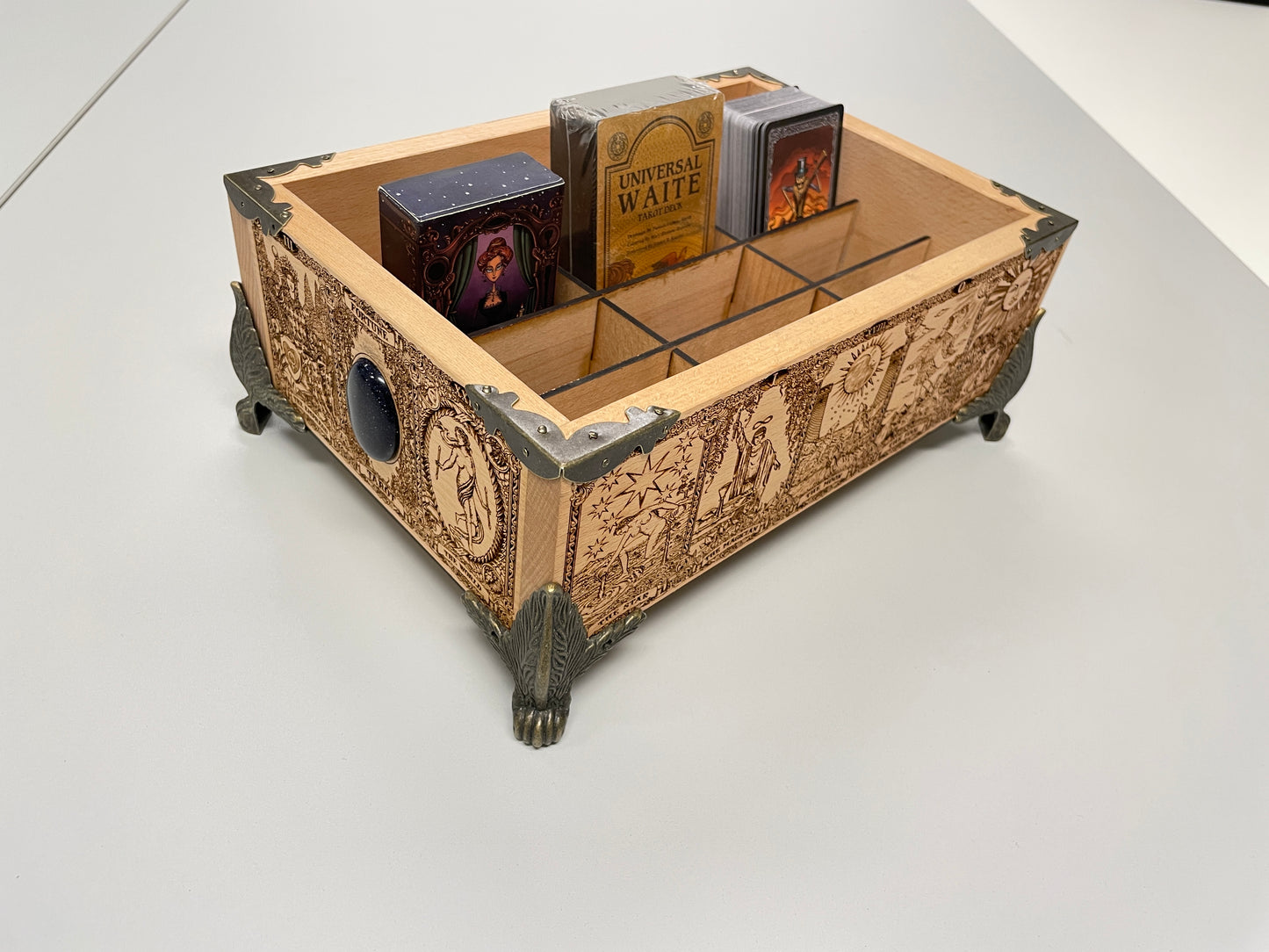 Tarot & Oracle Deck Organizer – 12-Slot Solid Wood Multiple Deck Storage Box with Major Arcana Engraving
