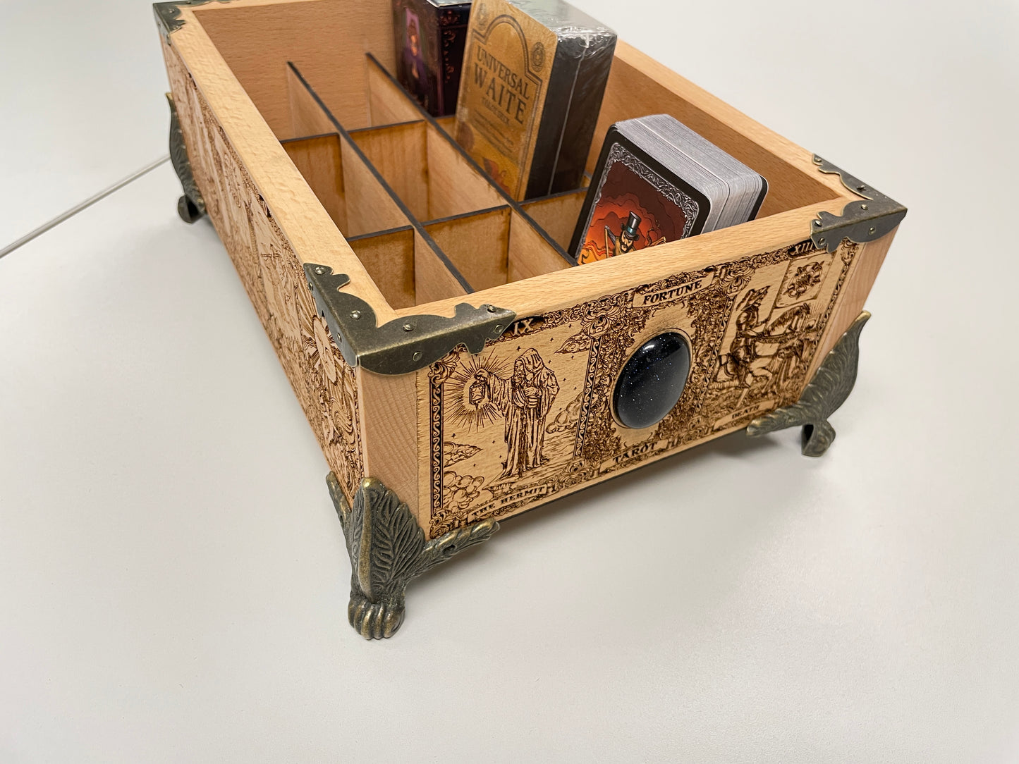 Tarot & Oracle Deck Organizer – 12-Slot Solid Wood Multiple Deck Storage Box with Major Arcana Engraving