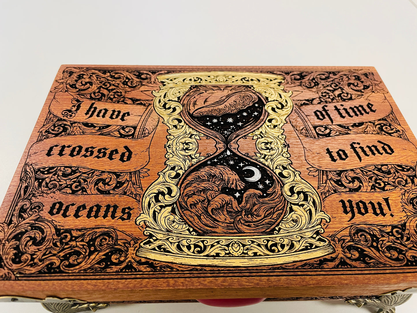 Dracula Jewelry Box – Solid Mahogany Engraved Keepsake Chest with “I Have Crossed Oceans of Time to Find You”