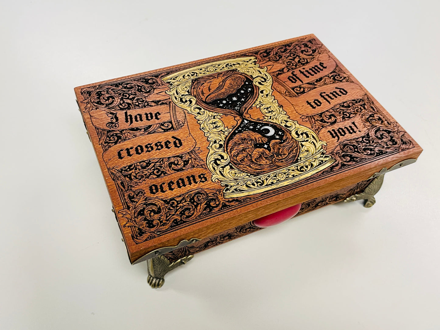 Dracula Jewelry Box – Solid Mahogany Engraved Keepsake Chest with “I Have Crossed Oceans of Time to Find You”