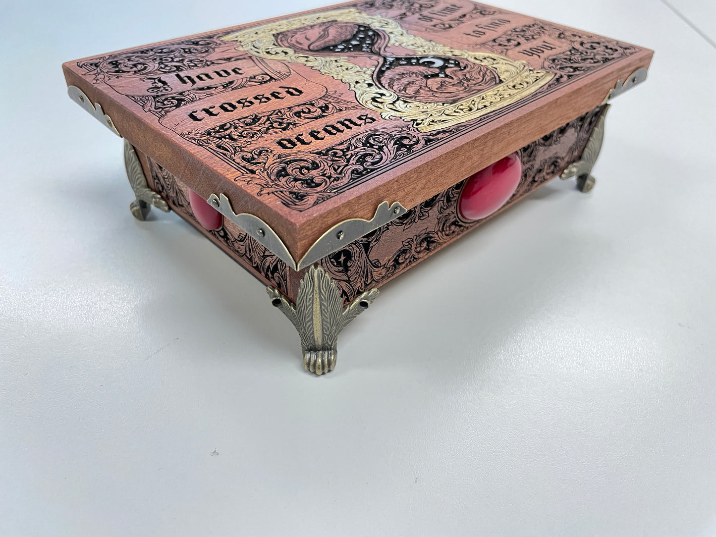 Dracula Jewelry Box – Solid Mahogany Engraved Keepsake Chest with “I Have Crossed Oceans of Time to Find You”