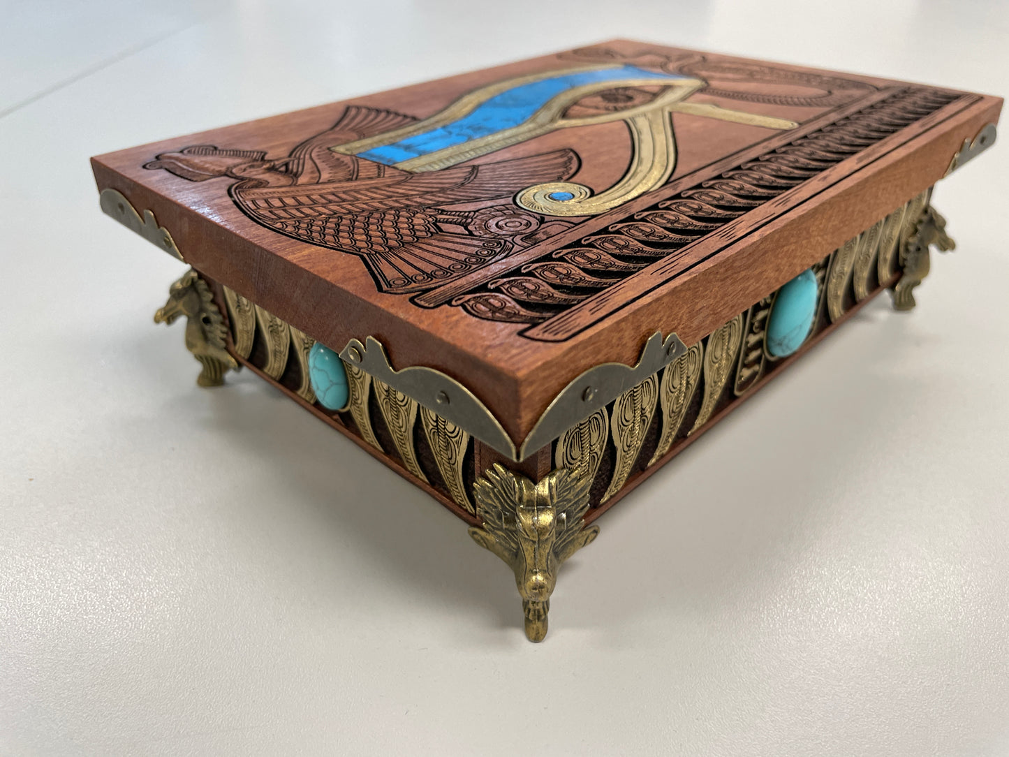 Eye of Horus Egyptian Tarot Box – Mahogany Wood Hand-Painted Oracle Deck Holder