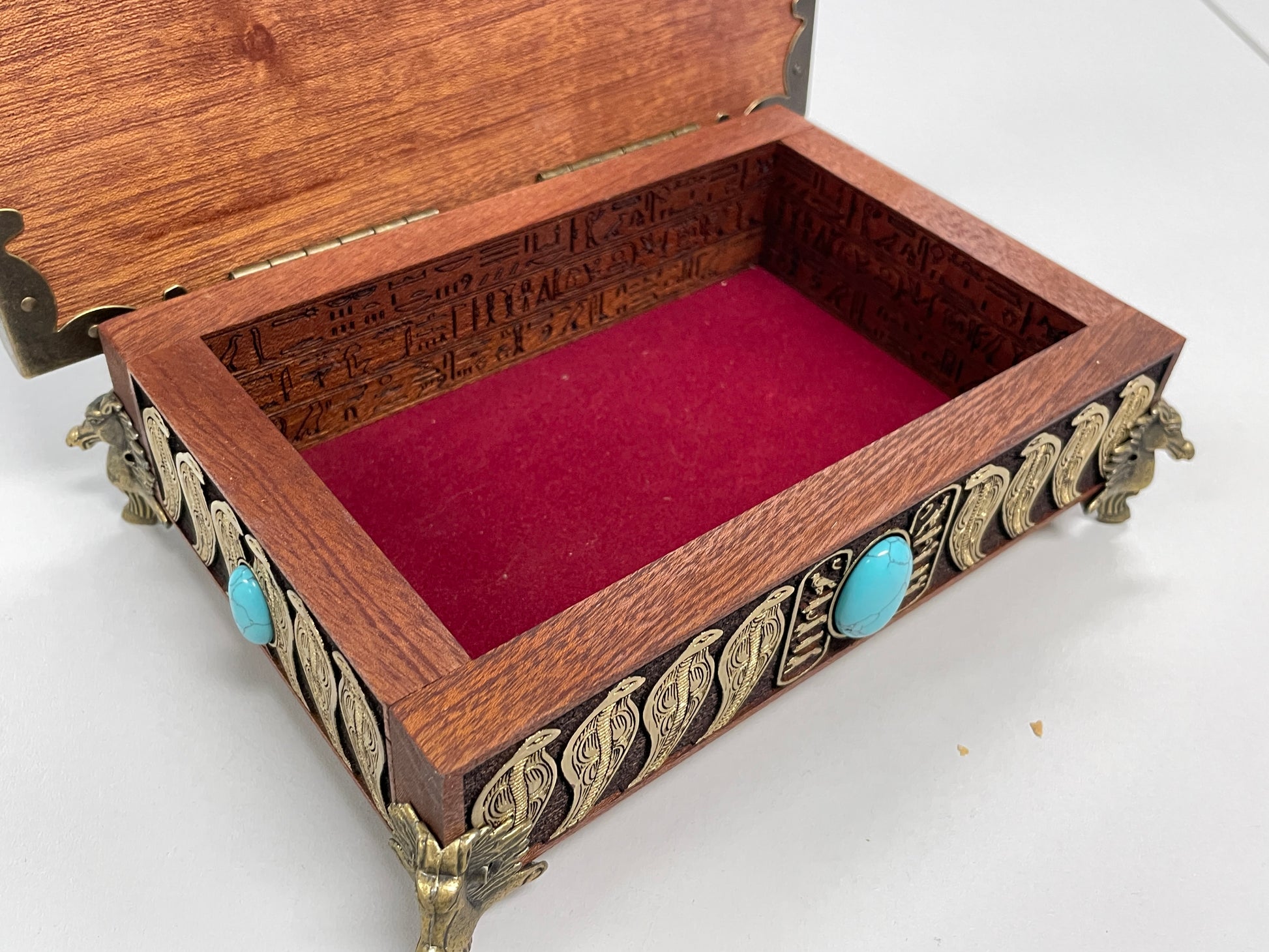 Open Eye of Horus Egyptian box used as tarot deck holder and jewelry box
