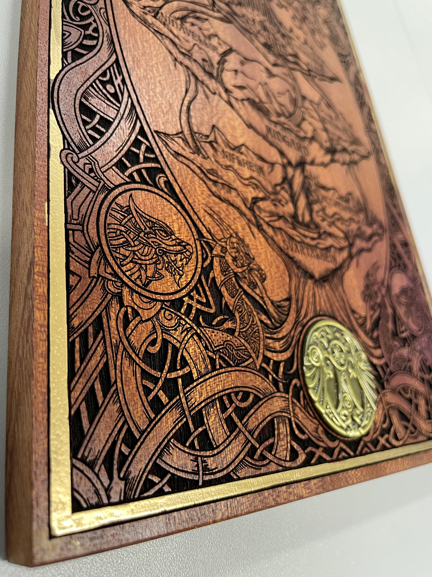 Yggdrasil Nine Realms wall hanging on real mahogany wood with gold hand paint handmade Netherlands ships to USA
