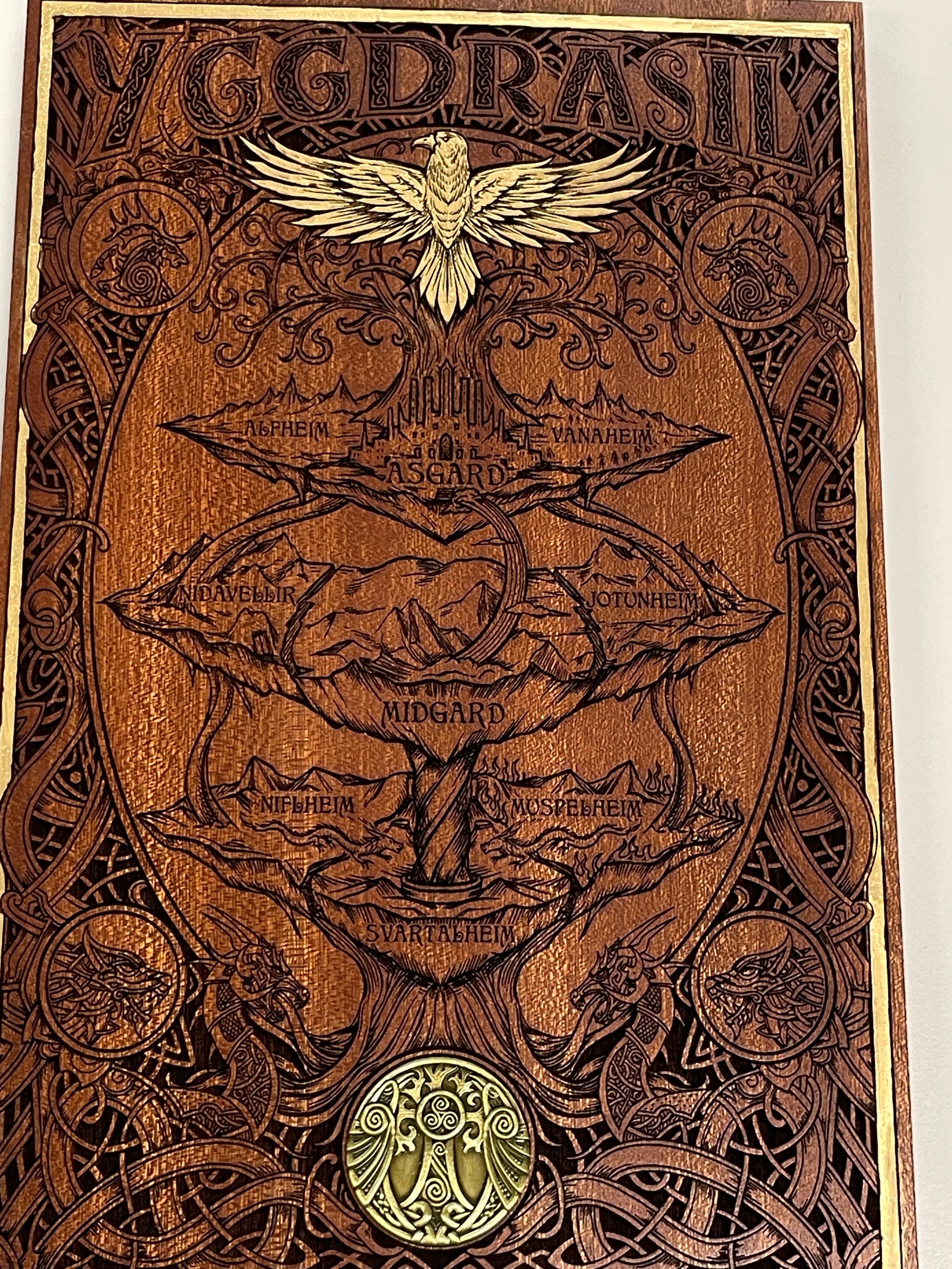 Solid mahogany Norse mythology wall art showing Nine Realms engraved scene

