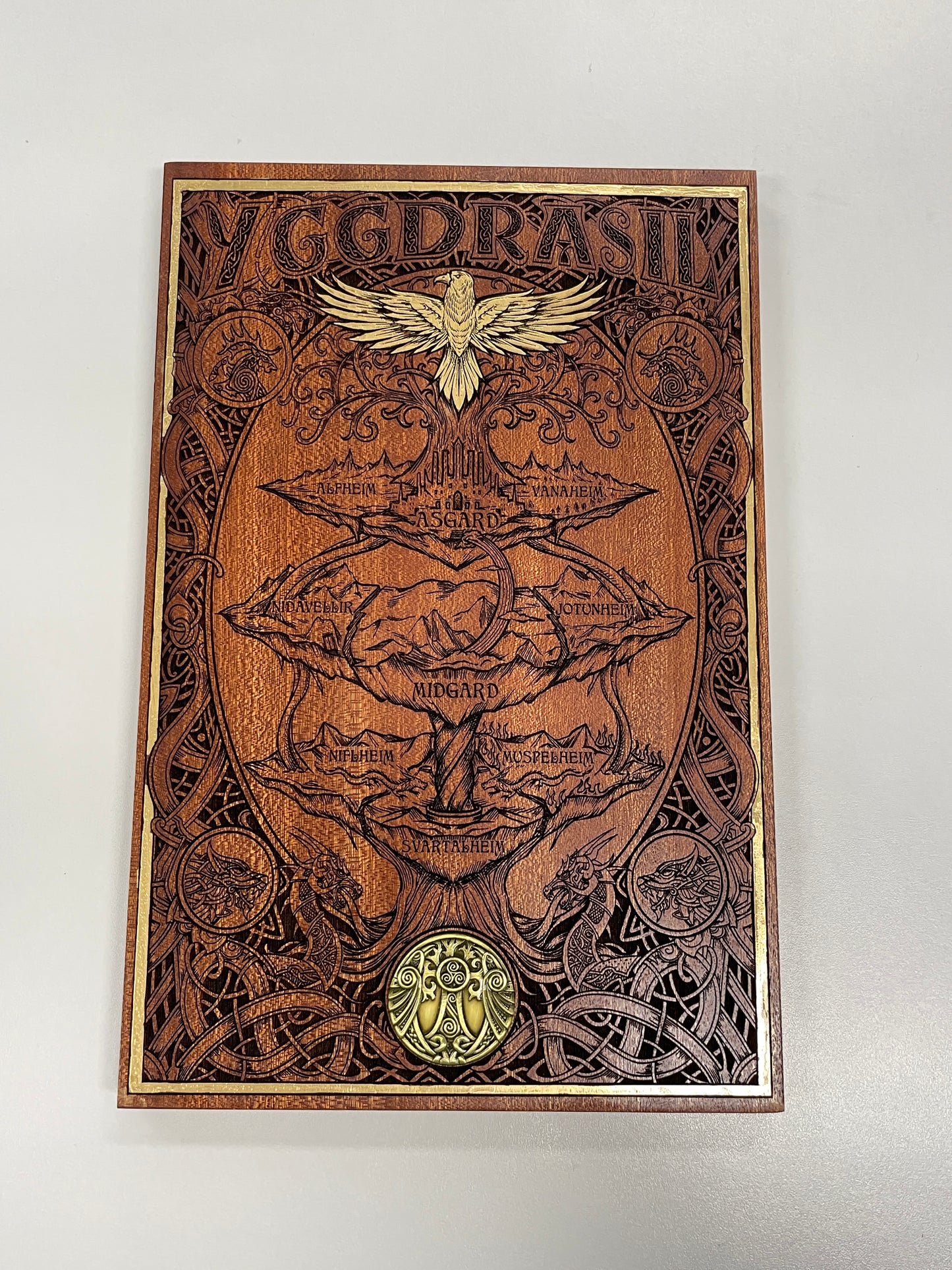 Yggdrasil Nine Realms  – Mahogany & Gold Hand-Painted Tree of Life Norse Mythology Art