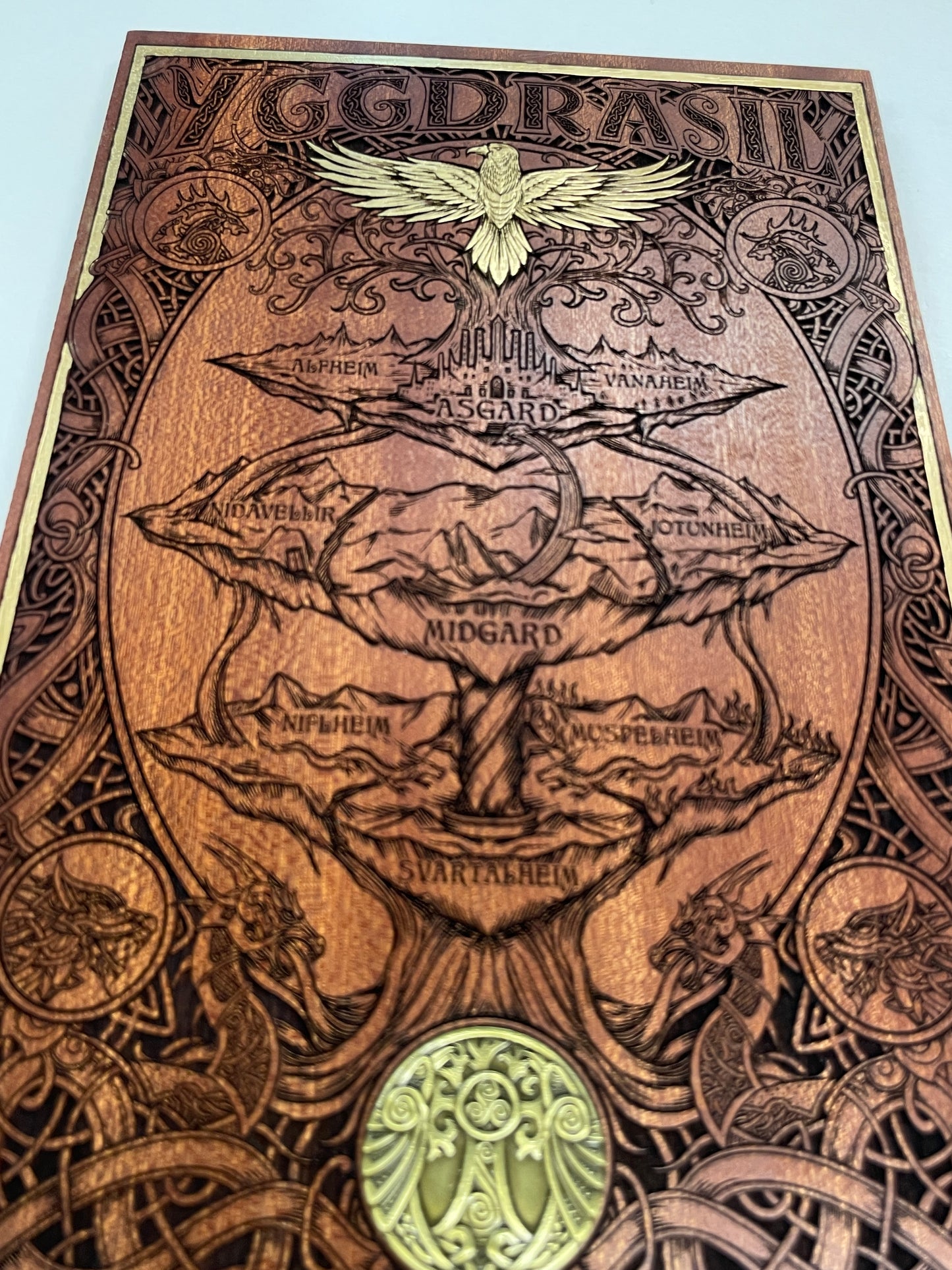Yggdrasil Nine Realms  – Mahogany & Gold Hand-Painted Tree of Life Norse Mythology Art
