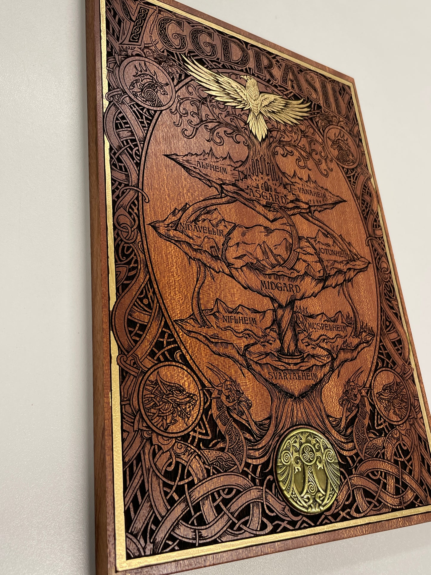 Yggdrasil Nine Realms  – Mahogany & Gold Hand-Painted Tree of Life Norse Mythology Art