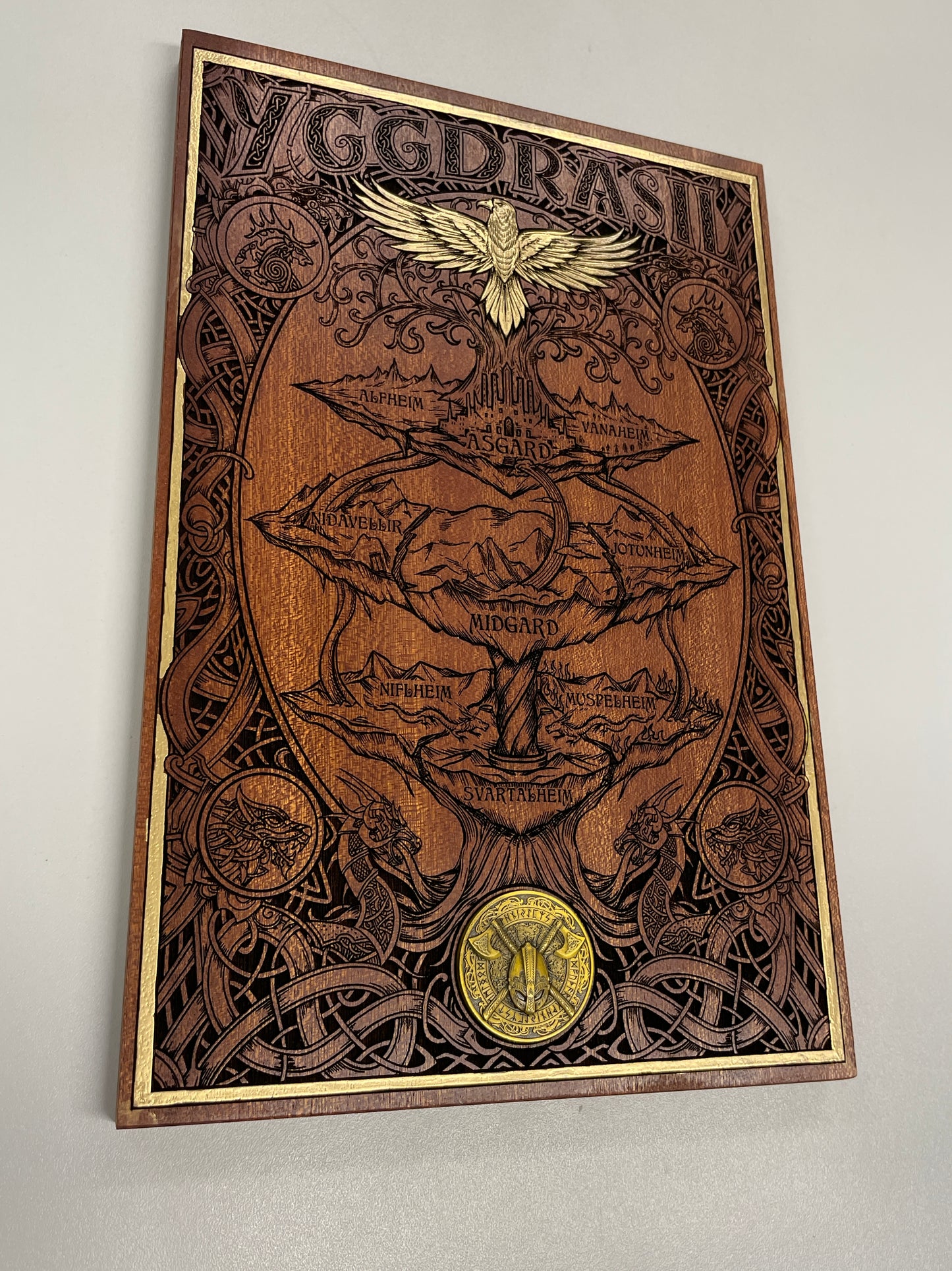Yggdrasil Nine Realms  – Mahogany & Gold Hand-Painted Tree of Life Norse Mythology Art