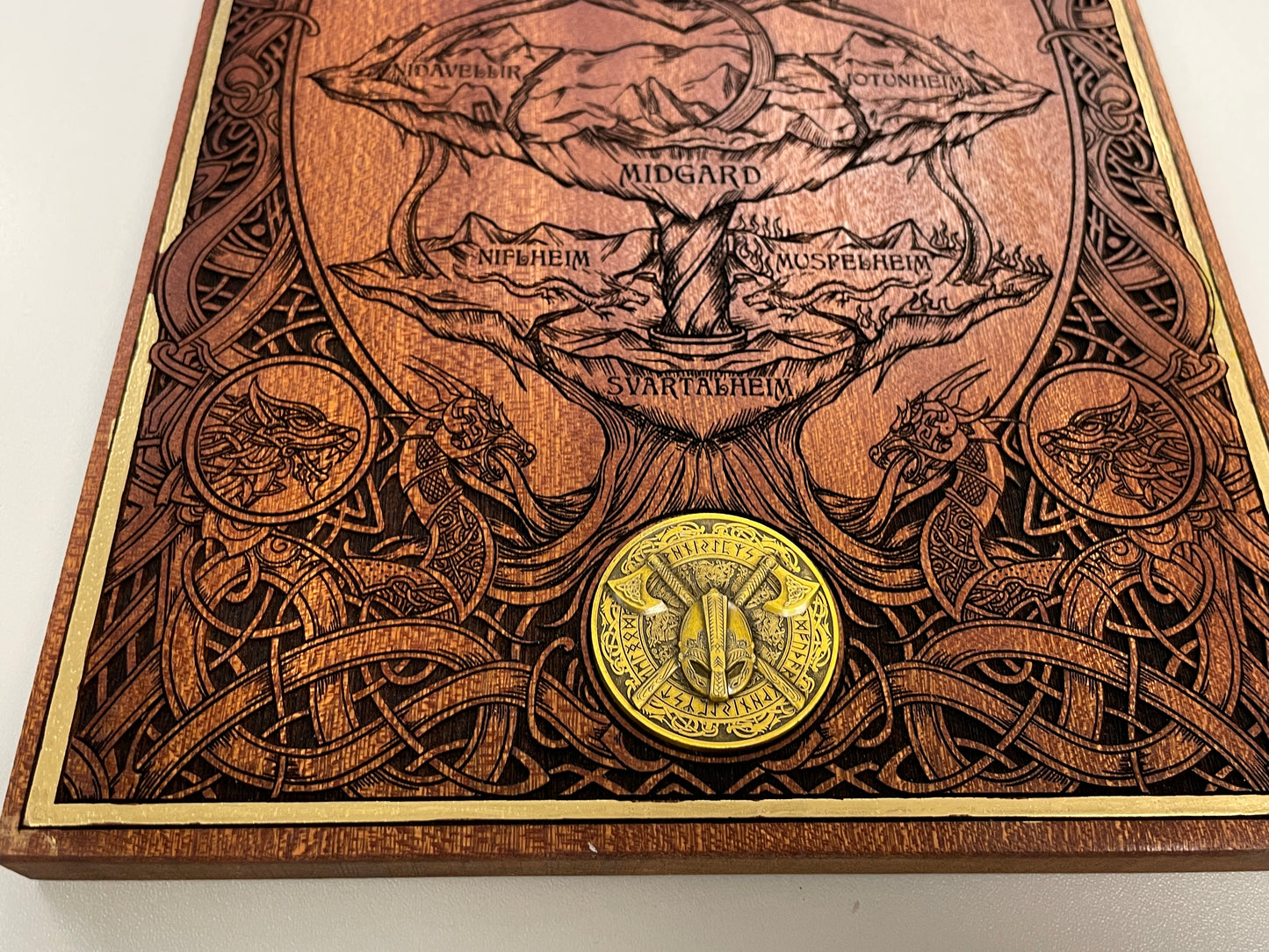 Yggdrasil Nine Realms  – Mahogany & Gold Hand-Painted Tree of Life Norse Mythology Art