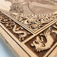 Close up of detailed deep engraving of Vlad the Impaler portrait on beech wood wall art